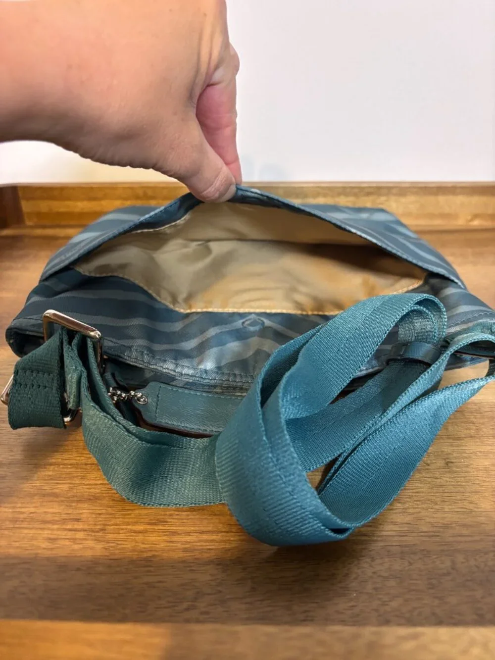 Coach Getaway Teal Zebra Print Nylon File Crossbody Bag
